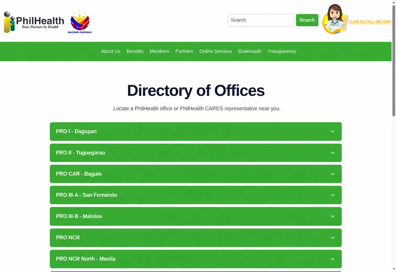 Official PhilHealth Directory of Offices showing expandable regional office listings