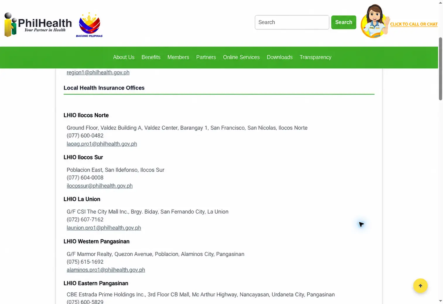 Expanded PhilHealth directory showing Local Health Insurance Office names, addresses and contact details
